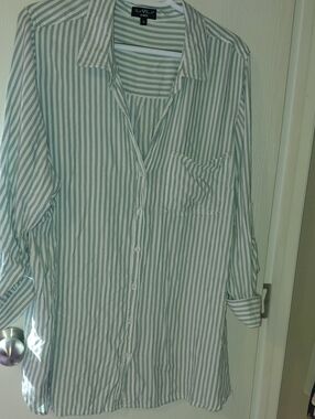 Velvet Heart Green and White Vertical Stripe Button-Down Shirt